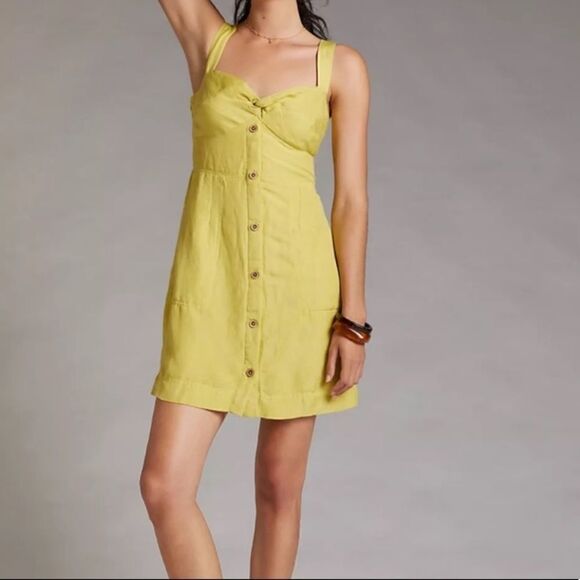 Anthropologie Maeve Linen Blend Retro Sundress Lime - Picture 1 of 13